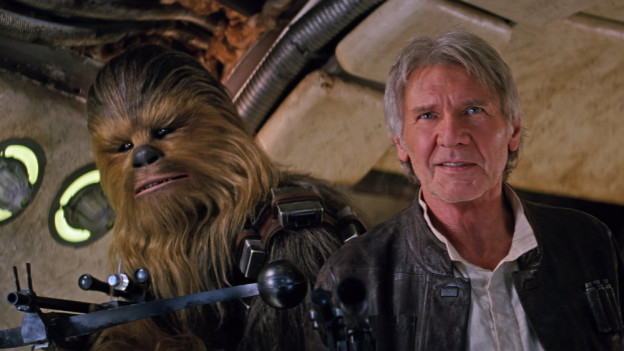 Peter Mayhew and Harrison Ford in Star Wars The Force Awakens